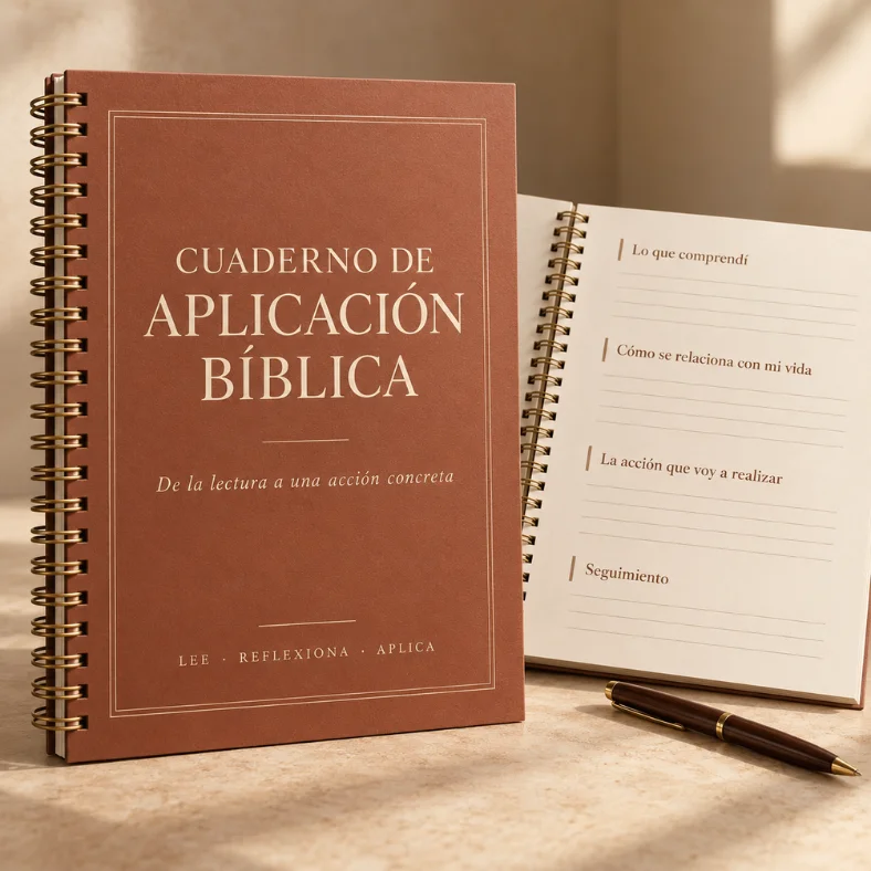 Cuaderno de Aplicación Bíblica con cubierta terracota y espiral dorada, junto a sus páginas interiores guiadas.